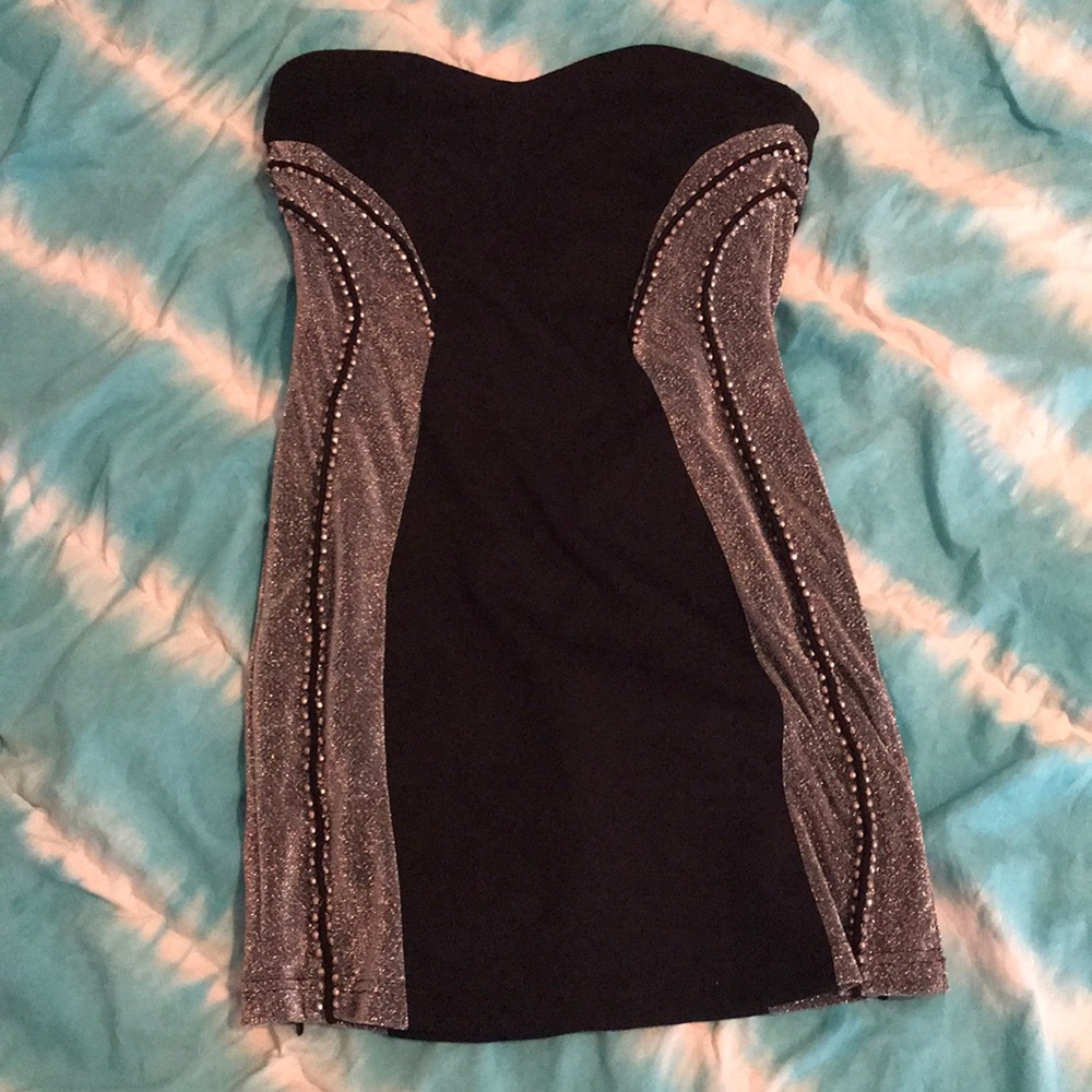 strapless black mini dress